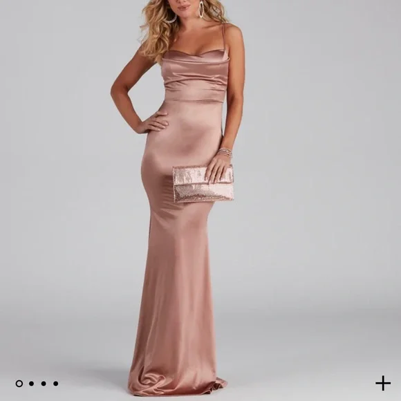 Windsor Courteney Cowl Neck Mermaid Satin Formal Dress in Rose Gold | Size: S | Rhinestone/Satin Fabric
